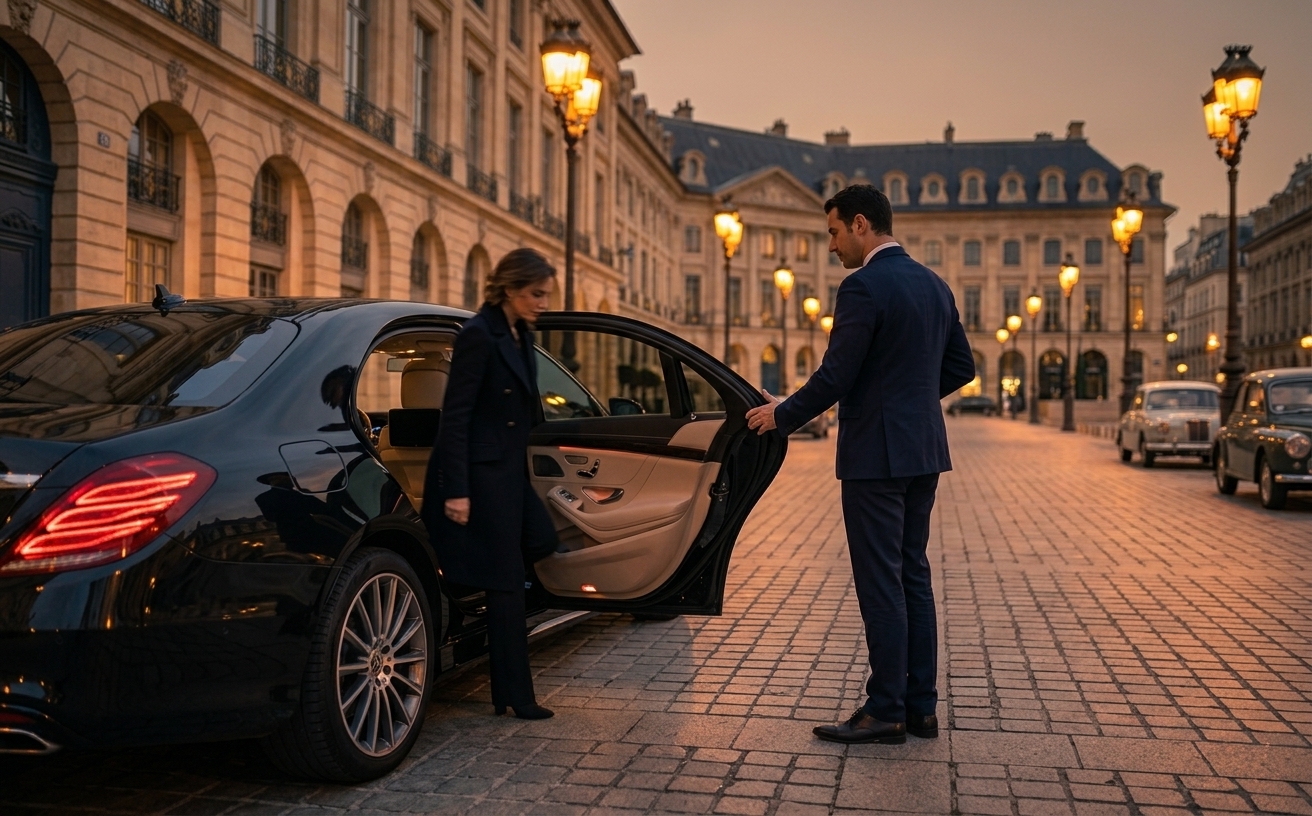 Chauffeur tenant la portière d’une Mercedes à Paris